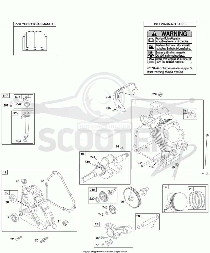 Camshaft, Crankcase Cover, Crankshaft, Cylinder, Lubrication, Operators Manual, Piston/Rings/Connecting Rod, Warning Label