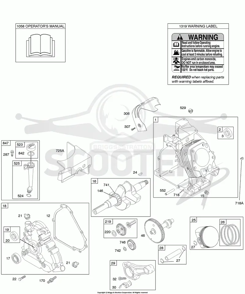 Camshaft, Crankcase Cover, Crankshaft, Cylinder, Lubrication, Operators Manual, Piston/Rings/Connecting Rod, Warning Label
