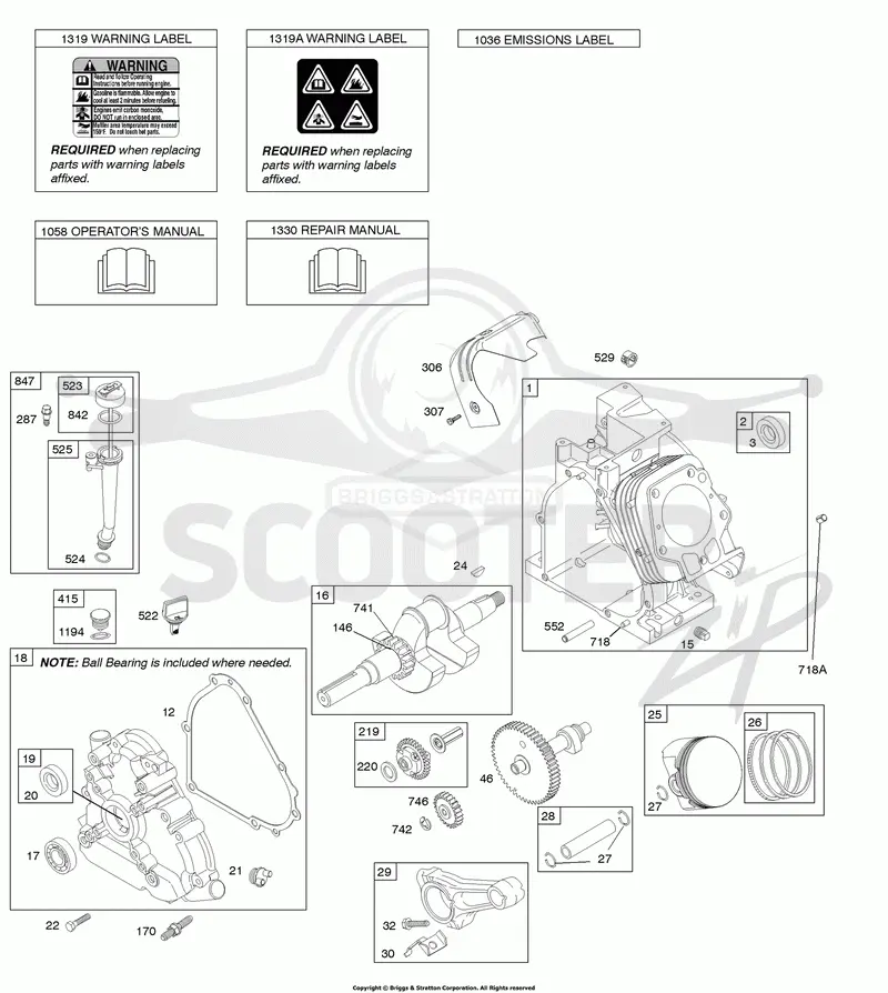 Camshaft, Crankcase Cover, Crankshaft, Cylinder, Lubrication, Operators Manual, Piston/Rings/Connecting Rod, Warning Label