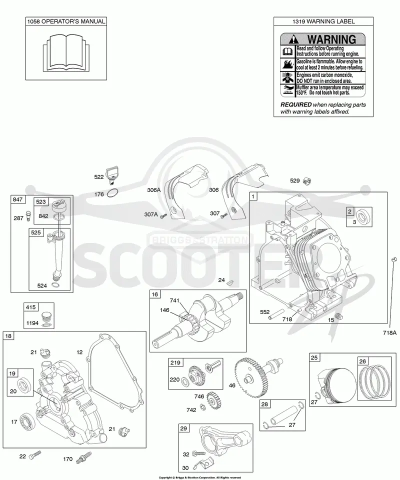 Camshaft, Crankcase Cover, Crankshaft, Cylinder, Lubrication, Operators Manual, Piston/Rings/Connecting Rod, Warning Label