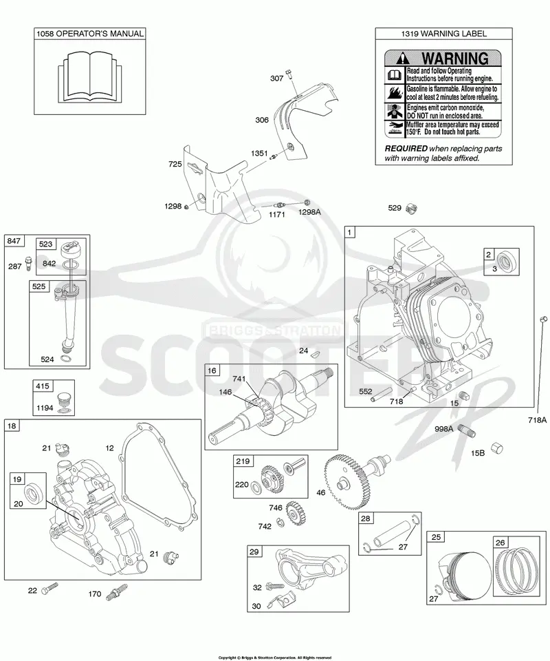 Camshaft, Crankcase Cover, Crankshaft, Cylinder, Lubrication, Operators Manual, Piston/Rings/Connecting Rod, Warning Label