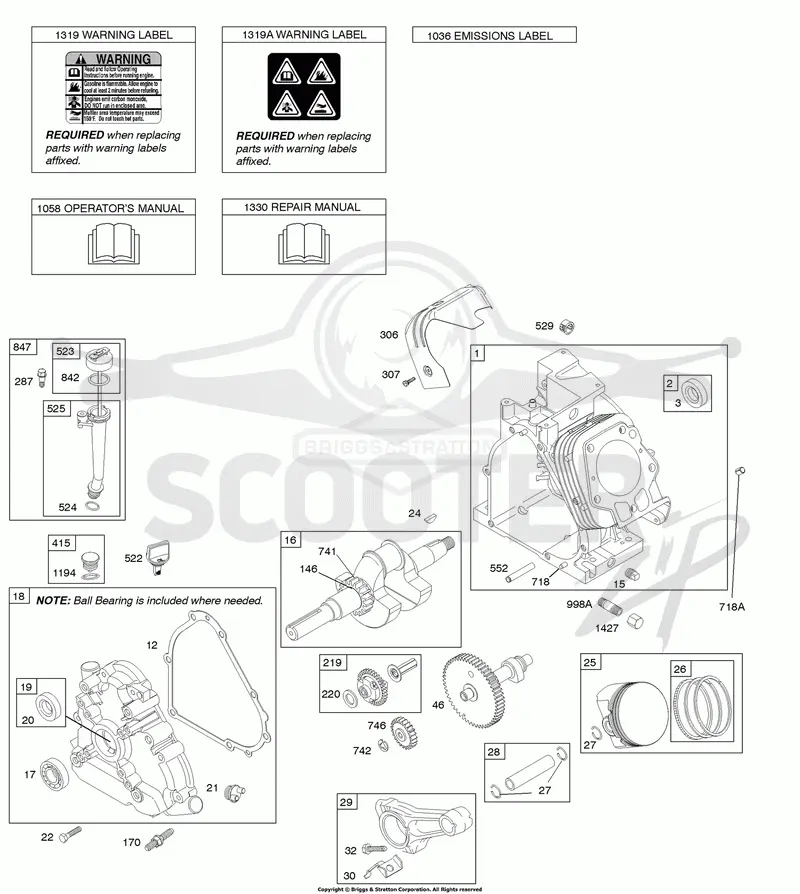 Camshaft, Crankcase Cover, Crankshaft, Cylinder, Lubrication, Operators Manual, Piston/Rings/Connecting Rod, Warning Label