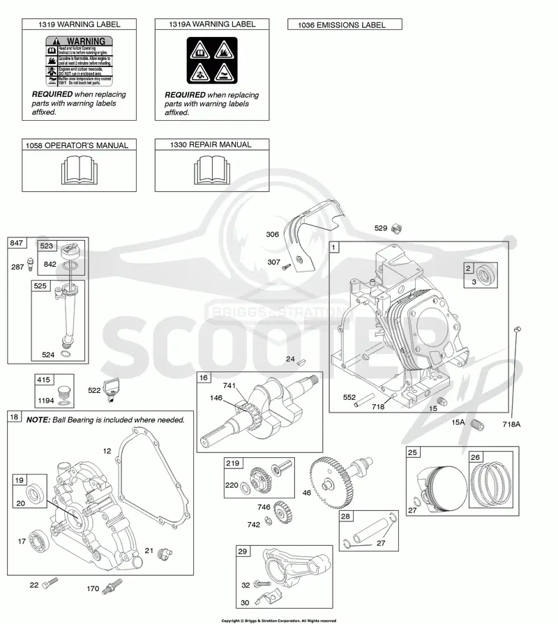Camshaft, Crankcase Cover, Crankshaft, Cylinder, Lubrication, Operators Manual, Piston/Rings/Connecting Rod, Warning Label