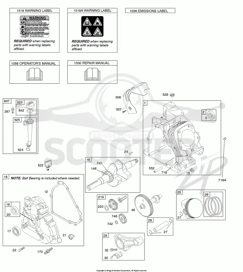 Camshaft, Crankcase Cover, Crankshaft, Cylinder, Lubrication, Operators Manual, Piston/Rings/Connecting Rod, Warning Label