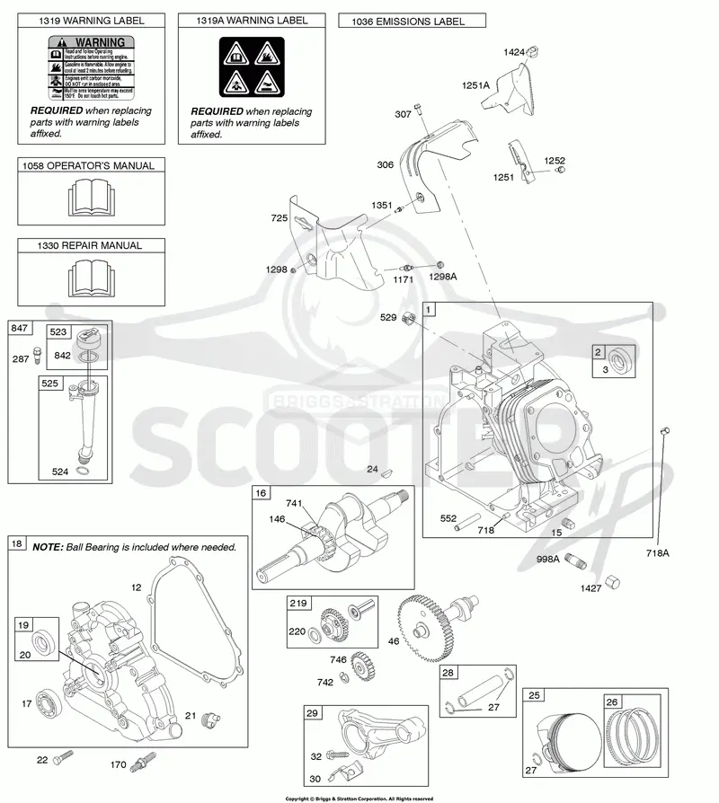 Camshaft, Crankcase Cover, Crankshaft, Cylinder, Lubrication, Operators Manual, Piston/Rings/Connecting Rod, Warning Label