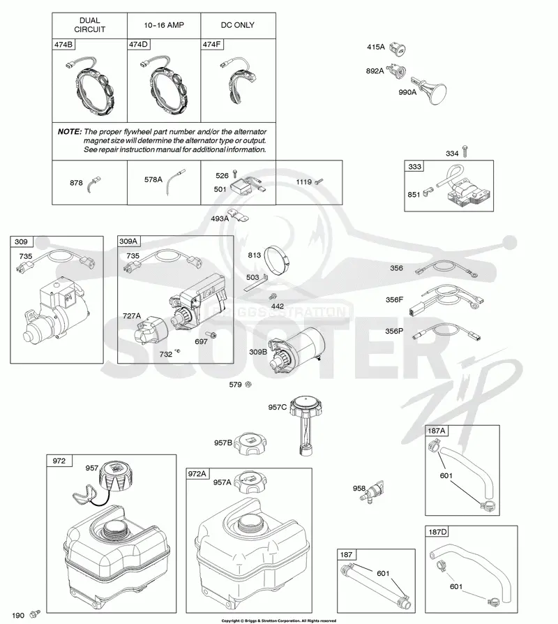 Alternator, Electric Starter, Fuel Supply, Ignition