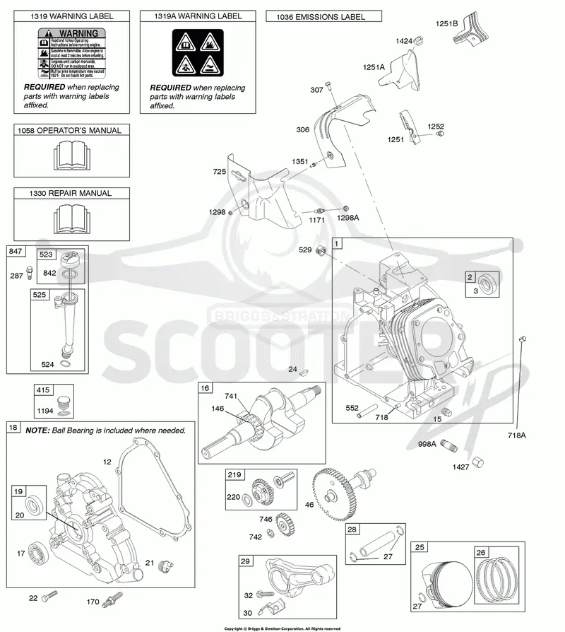 Camshaft, Crankcase Cover, Crankshaft, Cylinder, Lubrication, Operators Manual, Piston/Rings/Connecting Rod, Warning Label