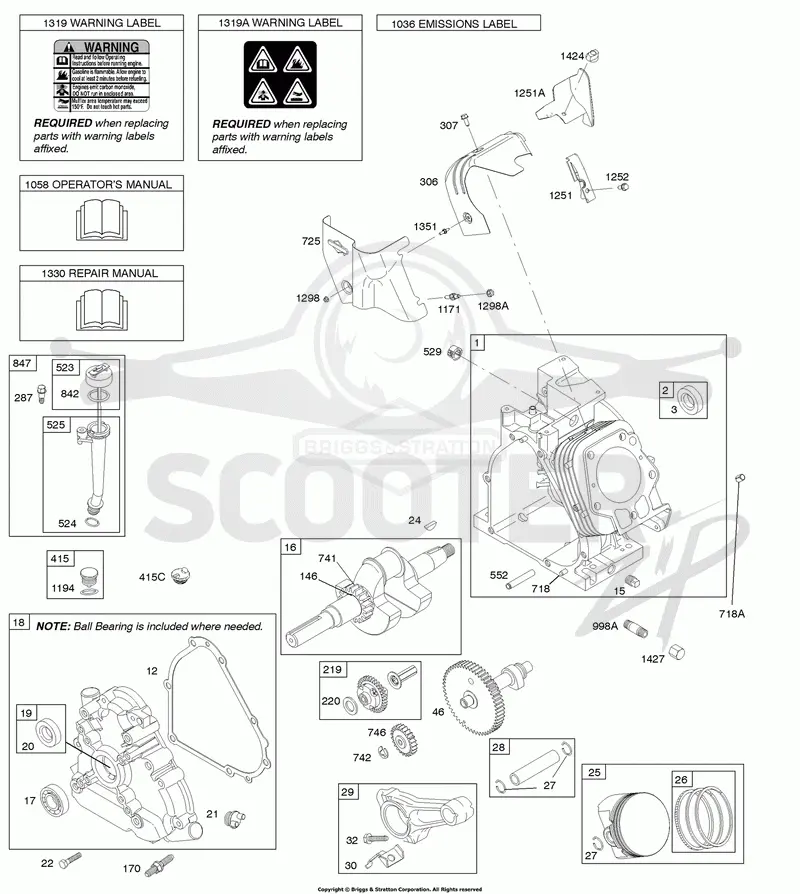 Camshaft, Crankcase Cover, Crankshaft, Cylinder, Lubrication, Operators Manual, Piston/Rings/Connecting Rod, Warning Label
