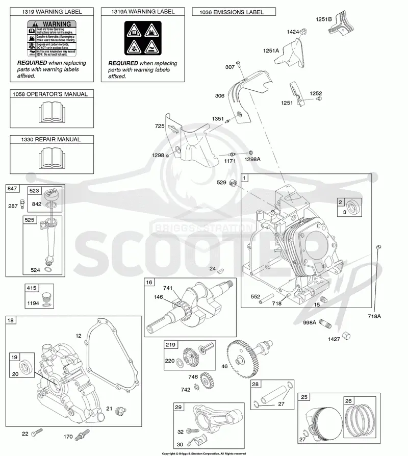 Camshaft, Crankcase Cover, Crankshaft, Cylinder, Lubrication, Operators Manual, Piston/Rings/Connecting Rod, Warning Label