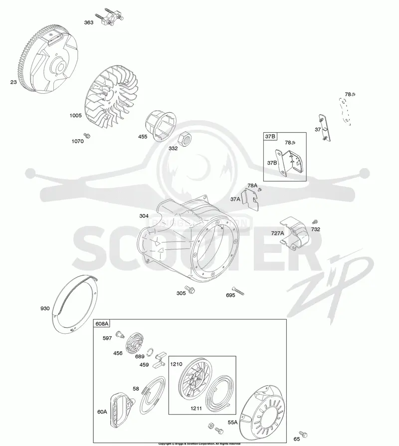 Blower Housing, Flywheel, Rewind Starter