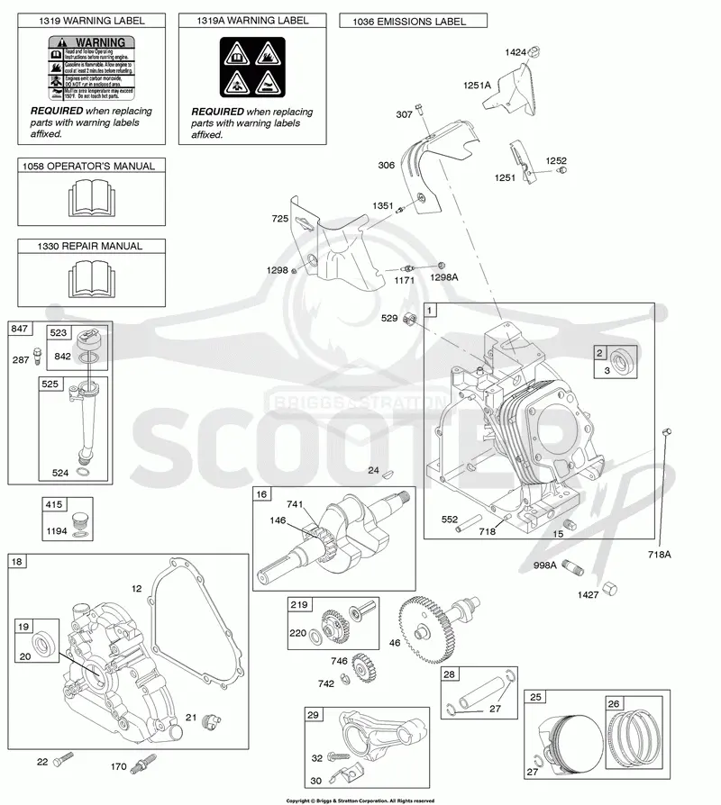 Camshaft, Crankcase Cover, Crankshaft, Cylinder, Lubrication, Operators Manual, Piston/Rings/Connecting Rod, Warning Label