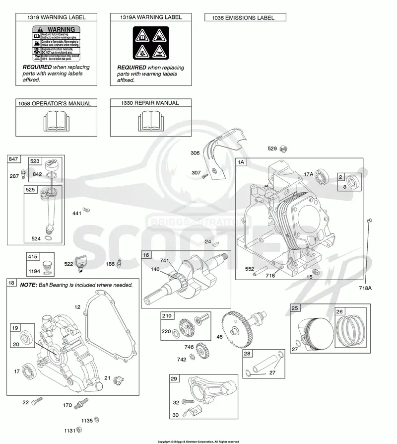 Camshaft, Crankcase Cover, Crankshaft, Cylinder, Lubrication, Operators Manual, Piston/Rings/Connecting Rod, Warning Label