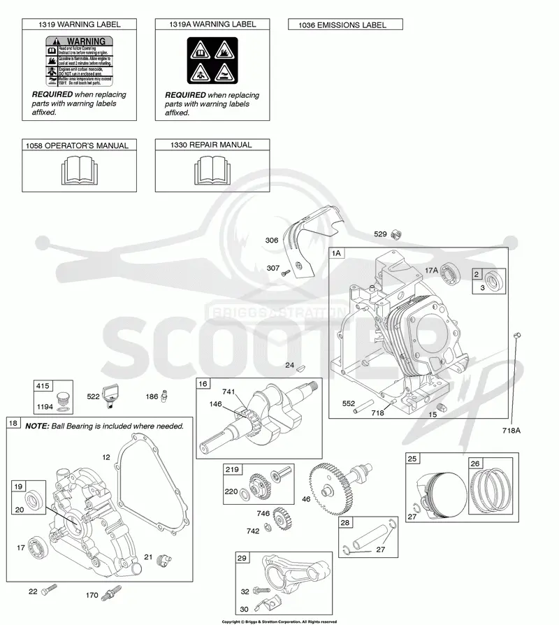 Camshaft, Crankcase Cover, Crankshaft, Cylinder, Lubrication, Operators Manual, Piston/Rings/Connecting Rod, Warning Label