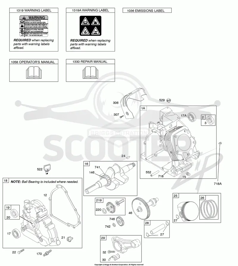Camshaft, Crankcase Cover, Crankshaft, Cylinder, Operators Manual, Piston/Rings/Connecting Rod, Warning Label