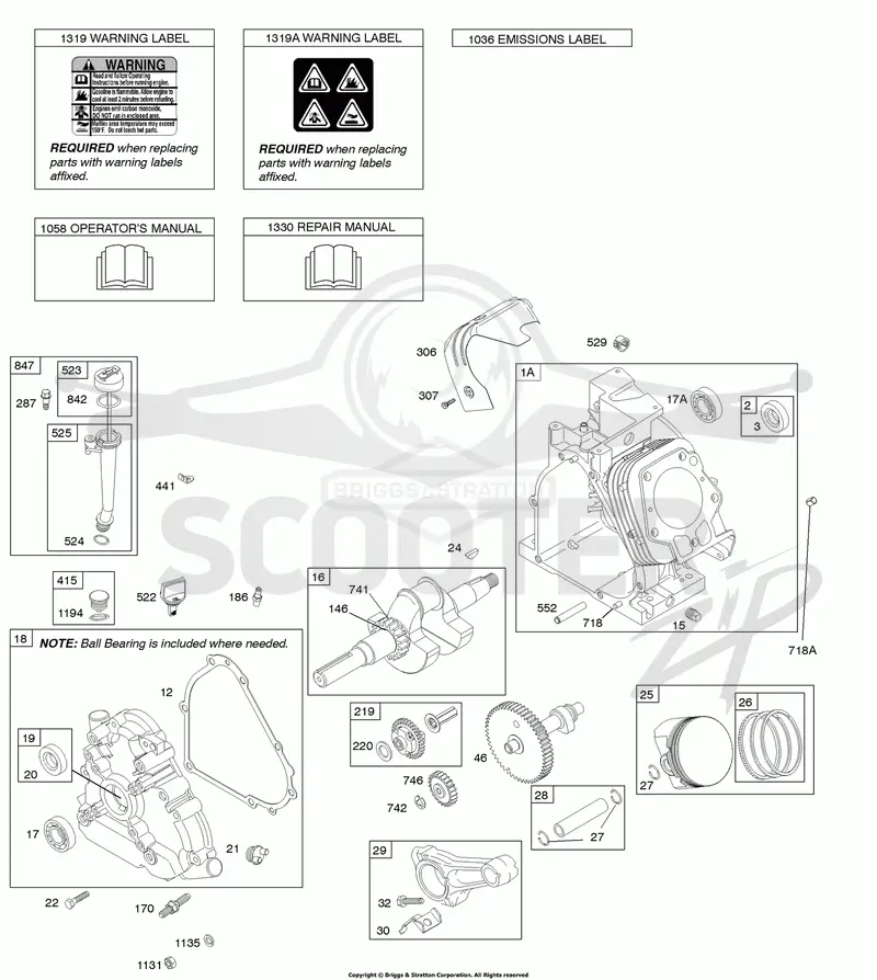 Camshaft, Crankcase Cover, Crankshaft, Cylinder, Lubrication, Operators Manual, Piston/Rings/Connecting Rod, Warning Label