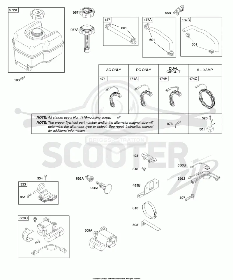 Alternator, Electric Starter, Fuel Supply, Ignition