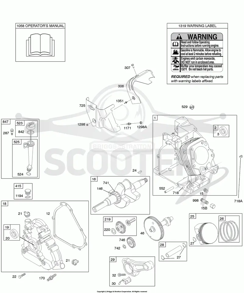 Camshaft, Crankcase Cover, Crankshaft, Cylinder, Lubrication, Operators Manual, Piston/Rings/Connecting Rod, Warning Label