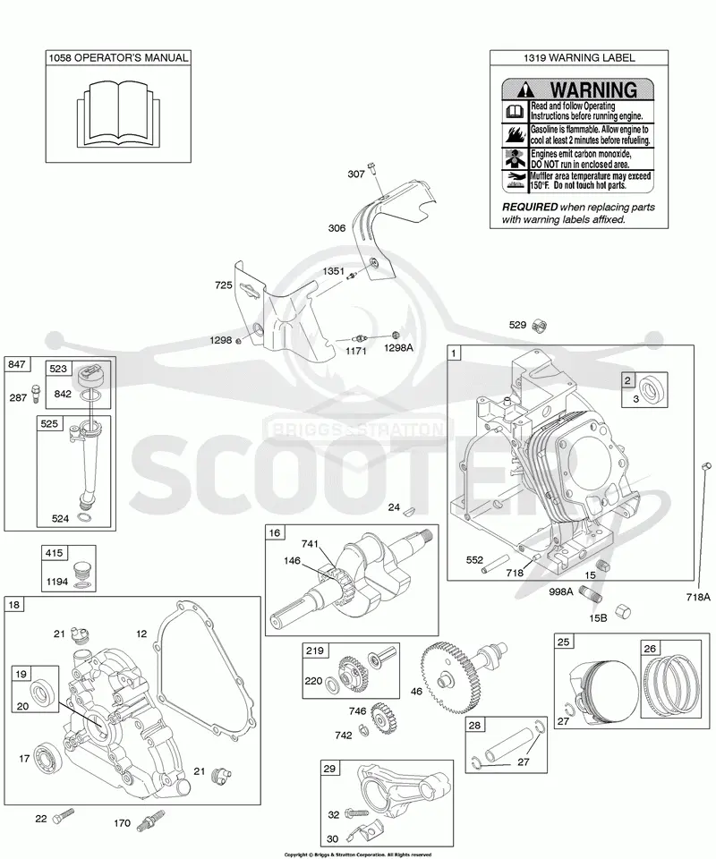 Camshaft, Crankcase Cover, Crankshaft, Cylinder, Lubrication, Operators Manual, Piston/Rings/Connecting Rod, Warning Label