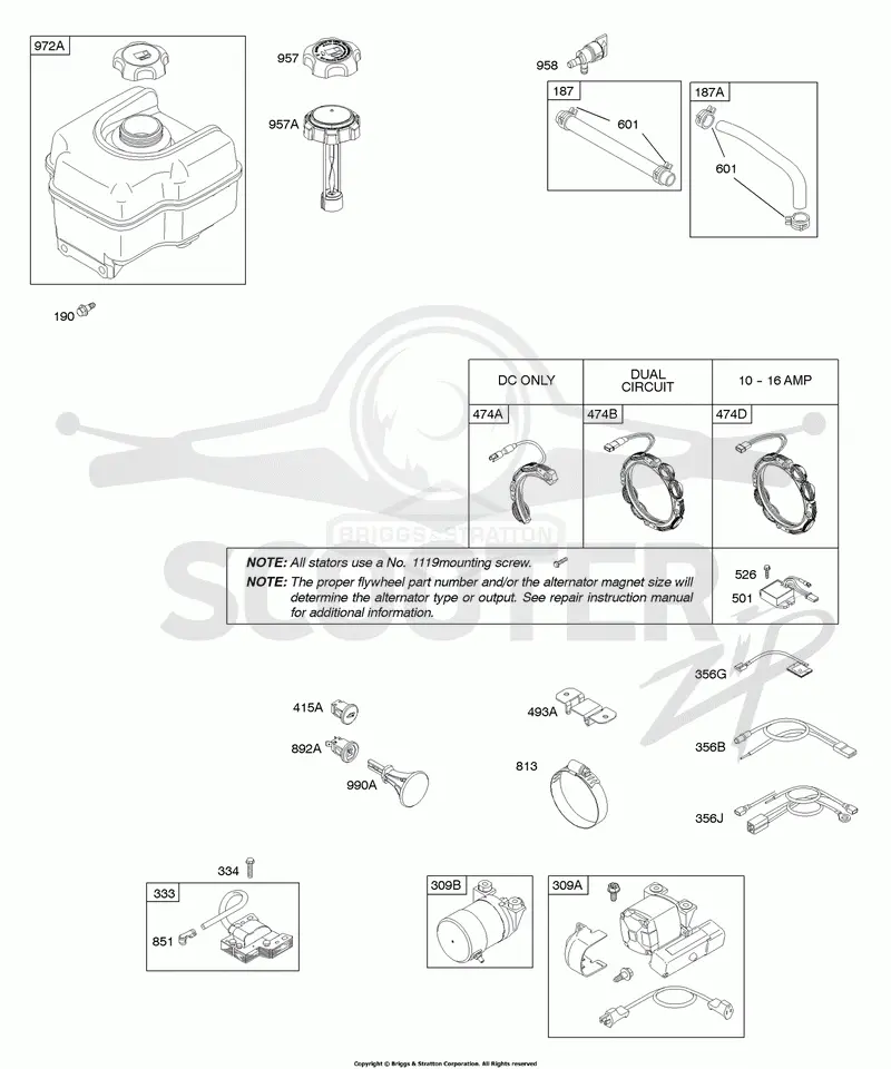 Alternator, Electric Starter, Fuel Supply, Ignition