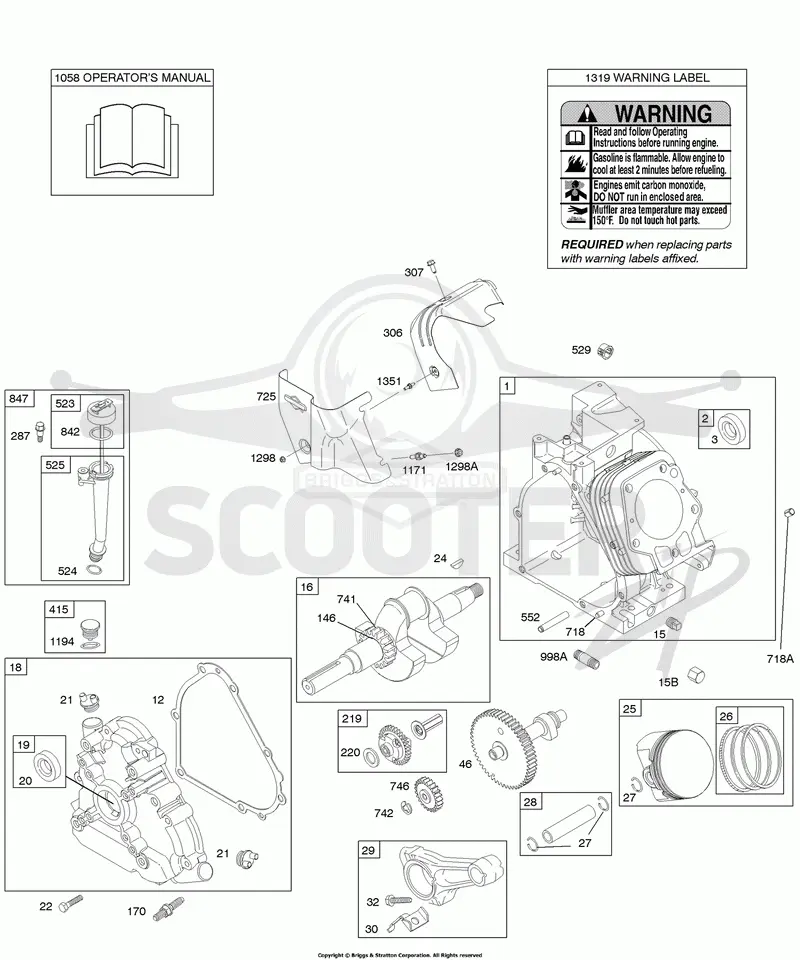 Camshaft, Crankcase Cover, Crankshaft, Cylinder, Lubrication, Operators Manual, Piston/Rings/Connecting Rod, Warning Label