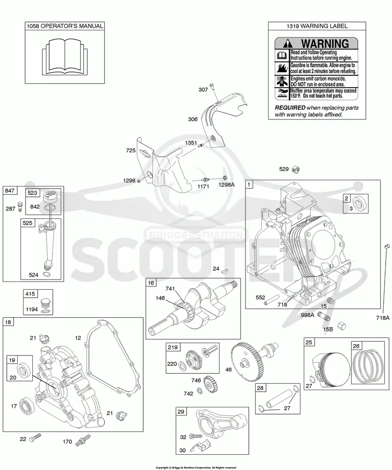 Camshaft, Crankcase Cover, Crankshaft, Cylinder, Lubrication, Operators Manual, Piston/Rings/Connecting Rod, Warning Label
