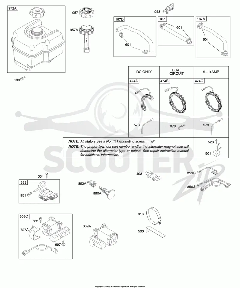 Alternator, Electric Starter, Fuel Supply, Ignition