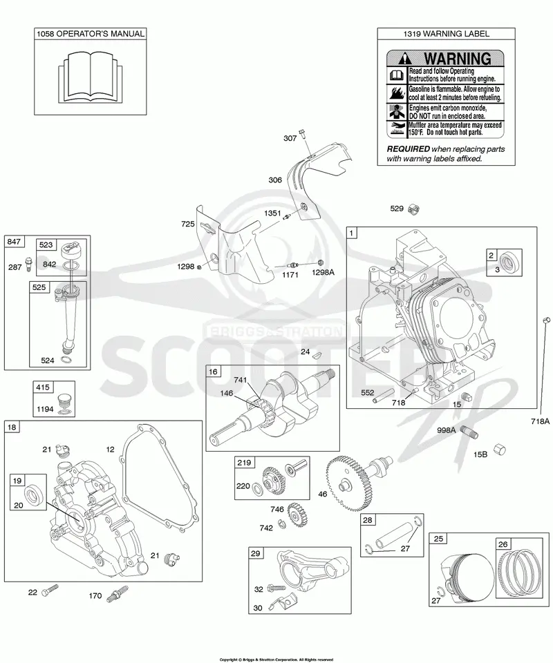 Camshaft, Crankcase Cover, Crankshaft, Cylinder, Lubrication, Operators Manual, Piston/Rings/Connecting Rod, Warning Label