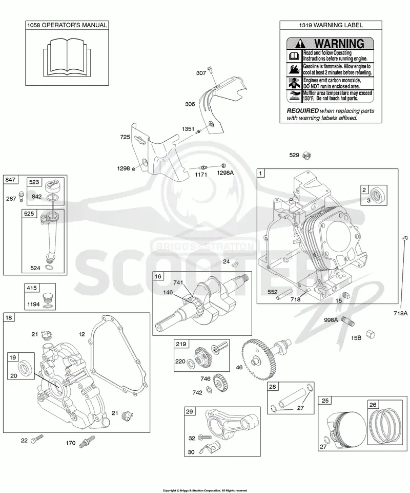 Camshaft, Crankcase Cover, Crankshaft, Cylinder, Lubrication, Operators Manual, Piston/Rings/Connecting Rod, Warning Label