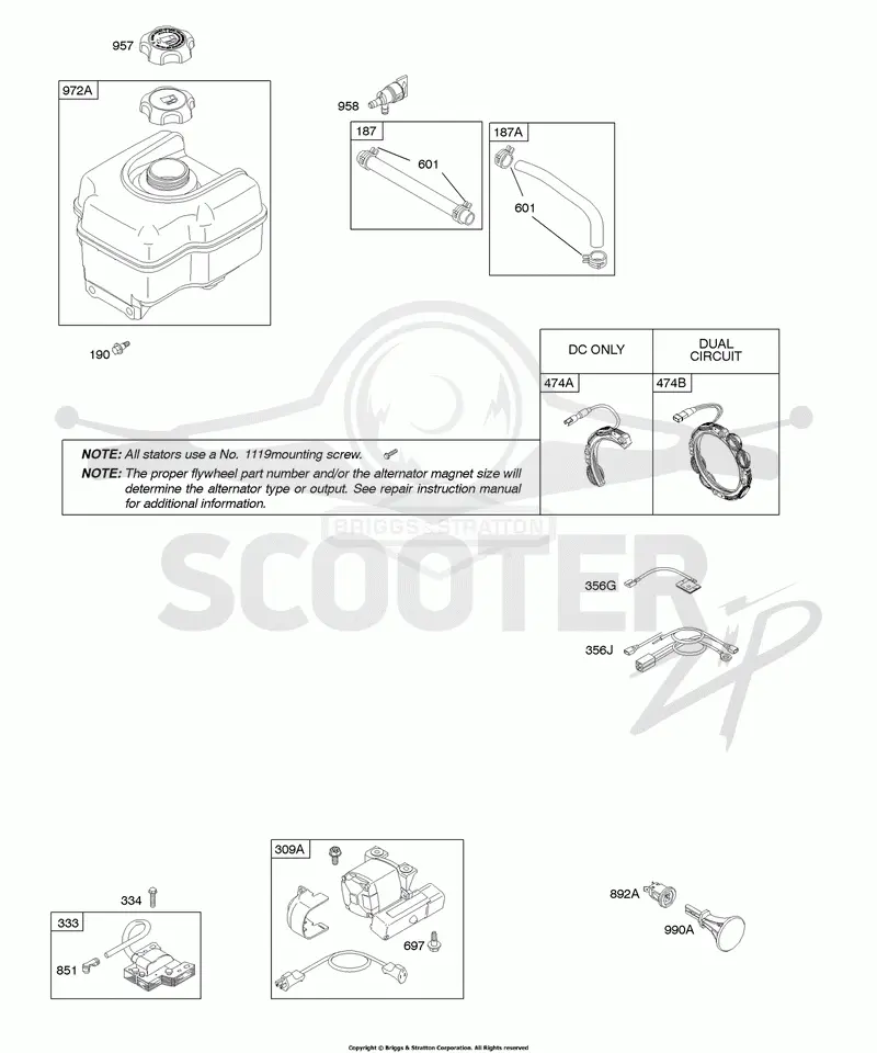 Alternator, Electric Starter, Fuel Supply, Ignition