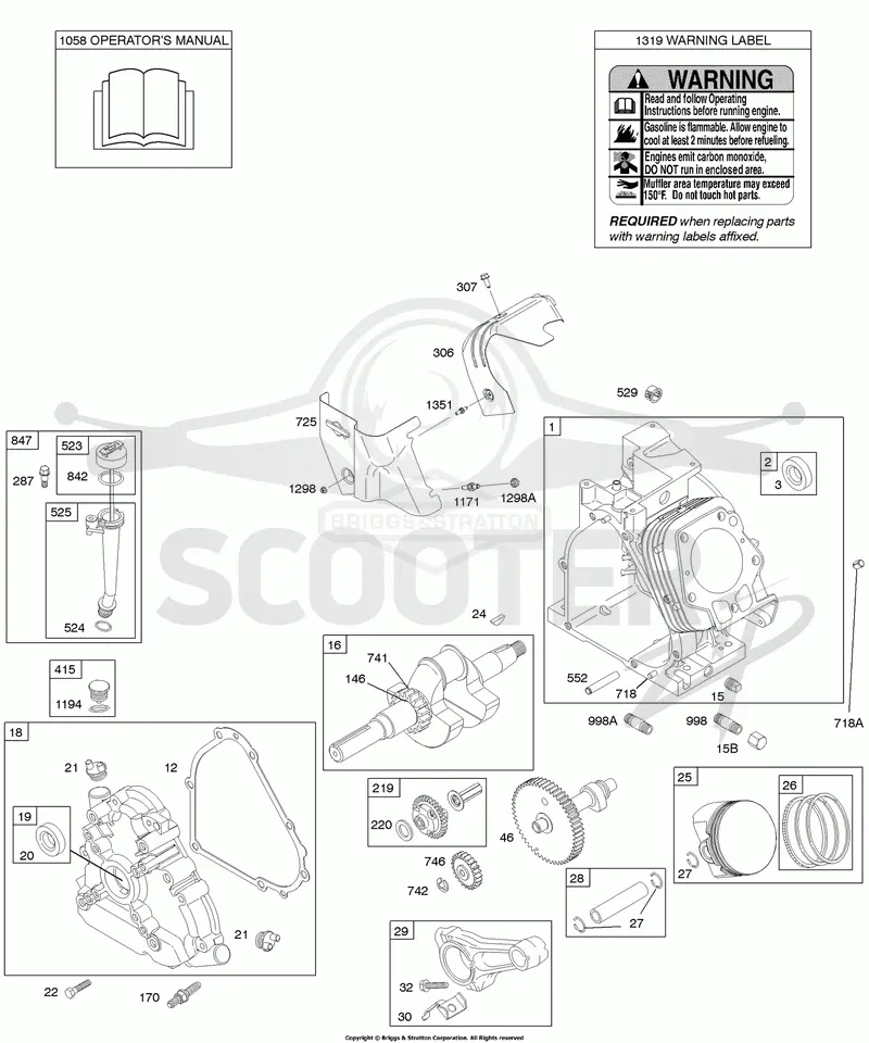 Camshaft, Crankcase Cover, Crankshaft, Cylinder, Lubrication, Operators Manual, Piston/Rings/Connecting Rod, Warning Label