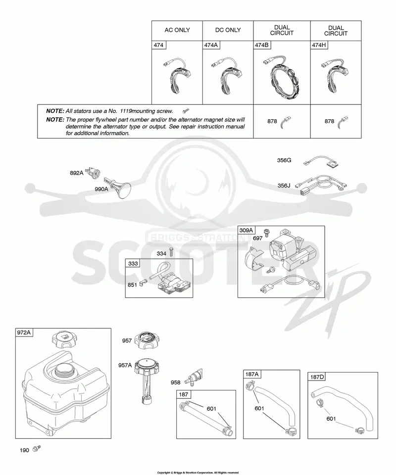 Alternator, Electric Starter, Fuel Supply, Ignition