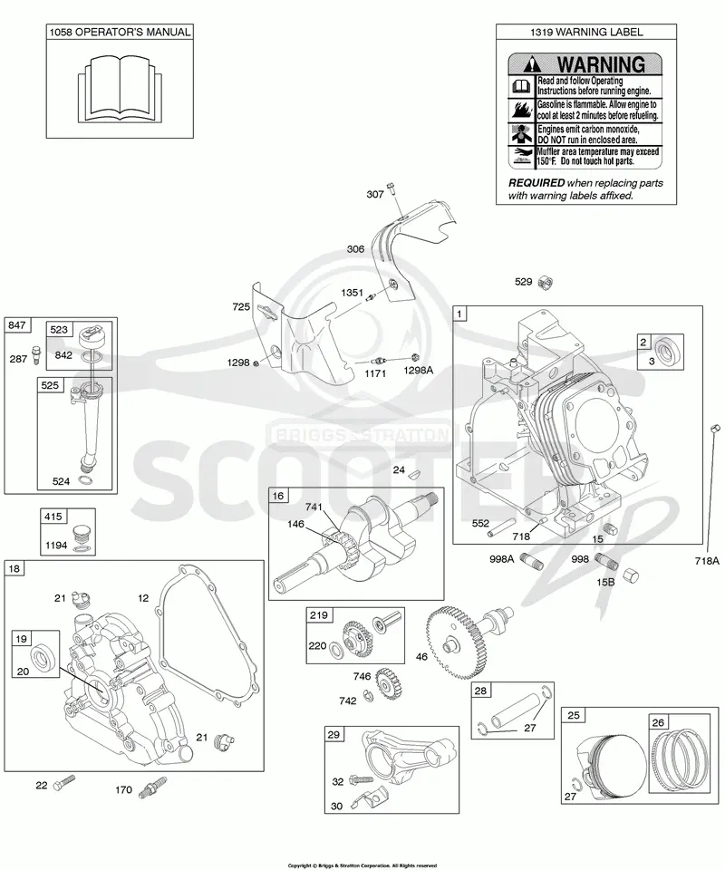 Camshaft, Crankcase Cover, Crankshaft, Cylinder, Lubrication, Operators Manual, Piston/Rings/Connecting Rod, Warning Label