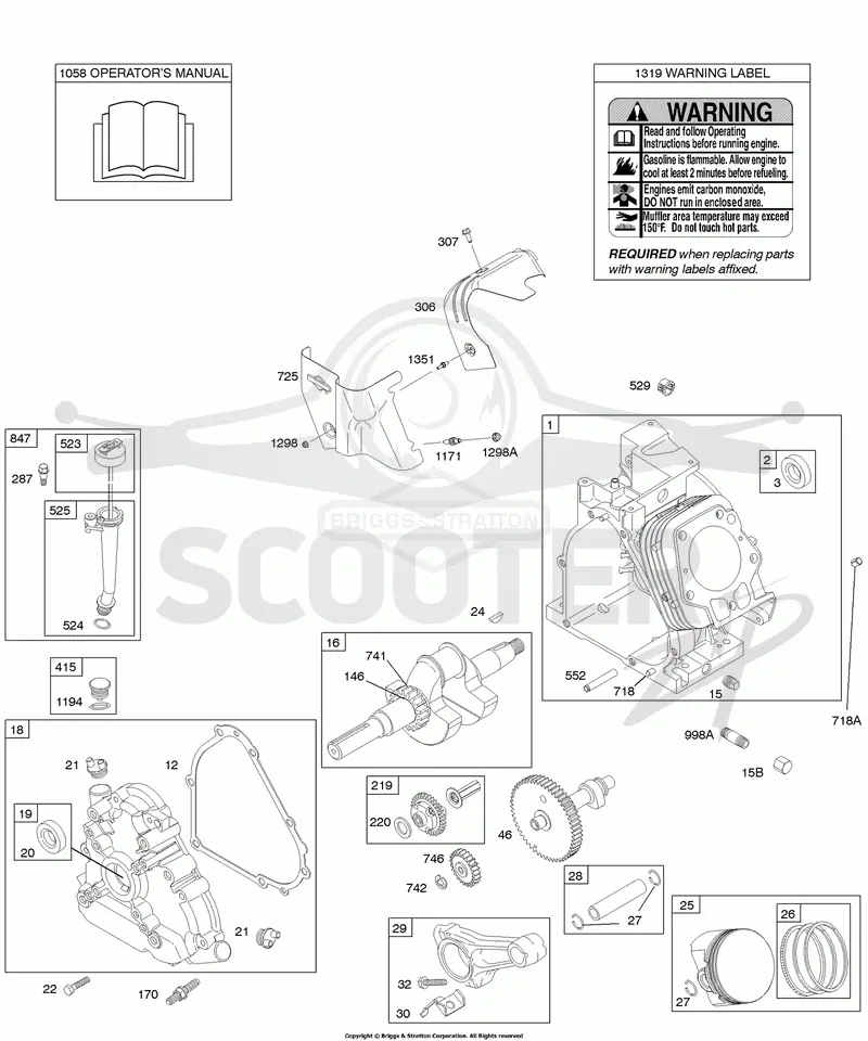 Camshaft, Crankcase Cover, Crankshaft, Cylinder, Lubrication, Operators Manual, Piston/Rings/Connecting Rod, Warning Label