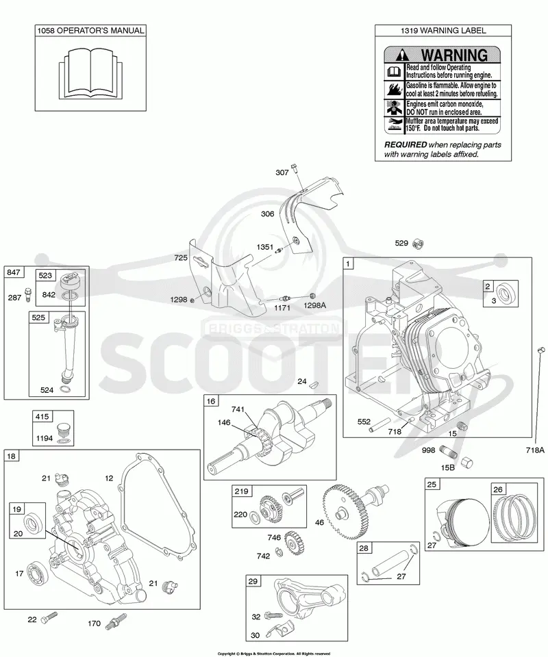 Camshaft, Crankcase Cover, Crankshaft, Cylinder, Lubrication, Operators Manual, Piston/Rings/Connecting Rod, Warning Label