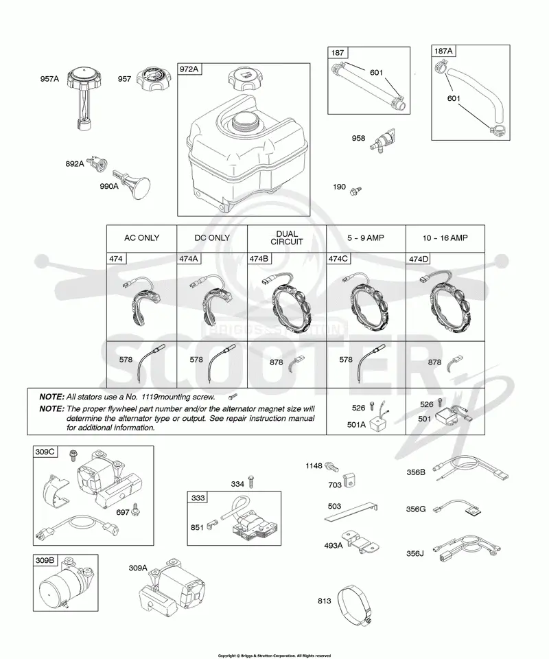 Alternator, Electric Starter, Fuel Supply, Ignition
