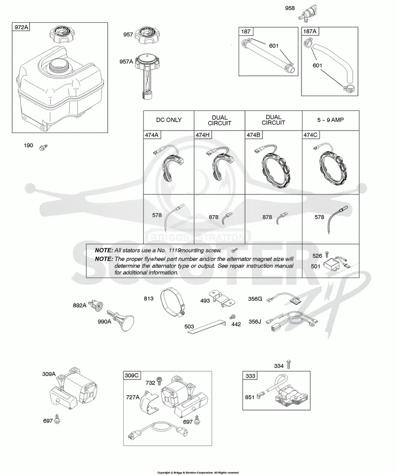 Alternator, Electric Starter, Fuel Supply, Ignition