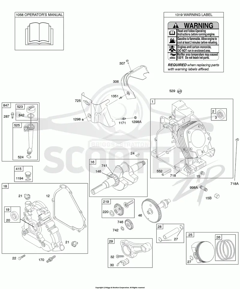Camshaft, Crankcase Cover, Crankshaft, Cylinder, Lubrication, Operators Manual, Piston/Rings/Connecting Rod, Warning Label