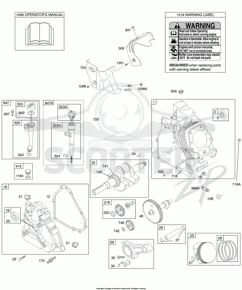 Camshaft, Crankcase Cover, Crankshaft, Cylinder, Lubrication, Operators Manual, Piston/Rings/Connecting Rod, Warning Label