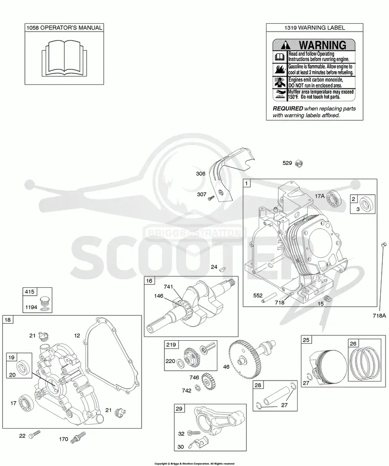 Camshaft, Crankcase Cover, Crankshaft, Cylinder, Lubrication, Operators Manual, Piston/Rings/Connecting Rod, Warning Label