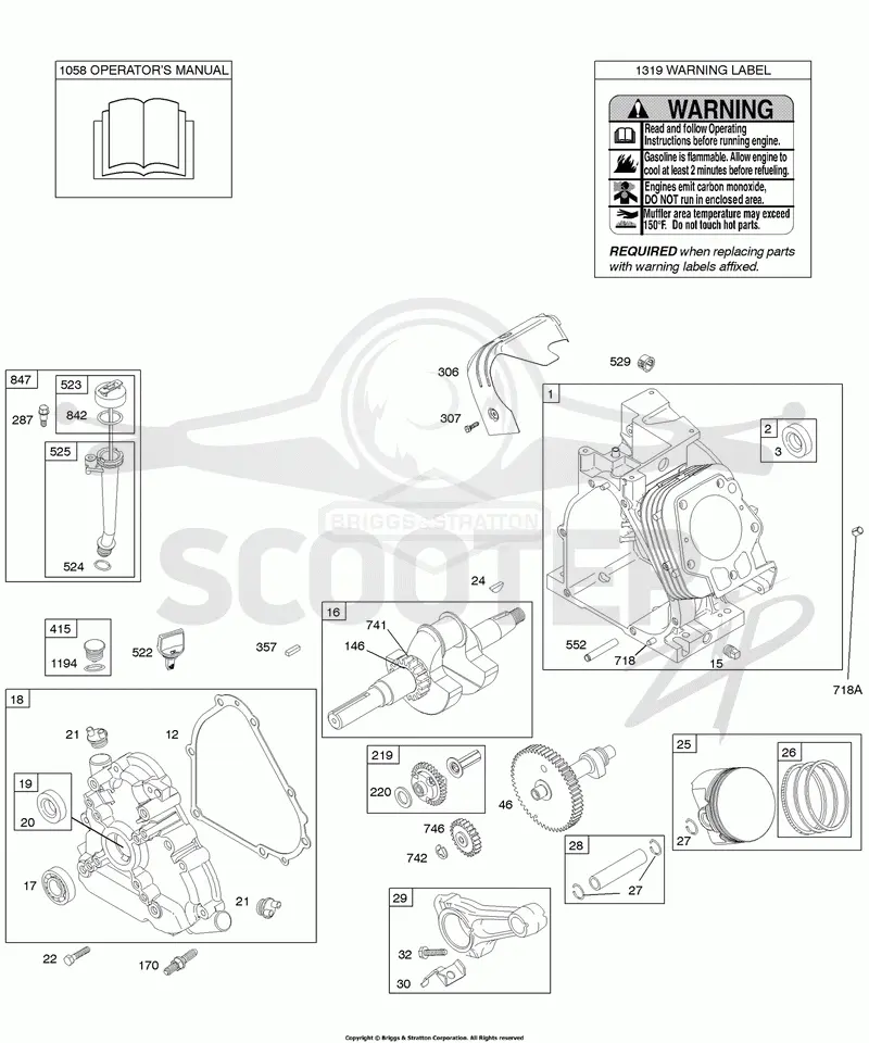 Camshaft, Crankcase Cover, Crankshaft, Cylinder, Lubrication, Operators Manual, Piston/Rings/Connecting Rod, Warning Label