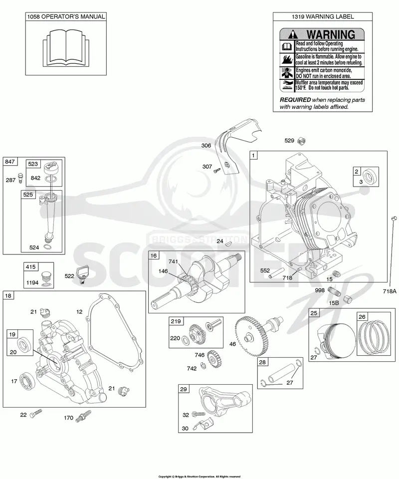 Camshaft, Crankcase Cover, Crankshaft, Cylinder, Lubrication, Operators Manual, Piston/Rings/Connecting Rod, Warning Label