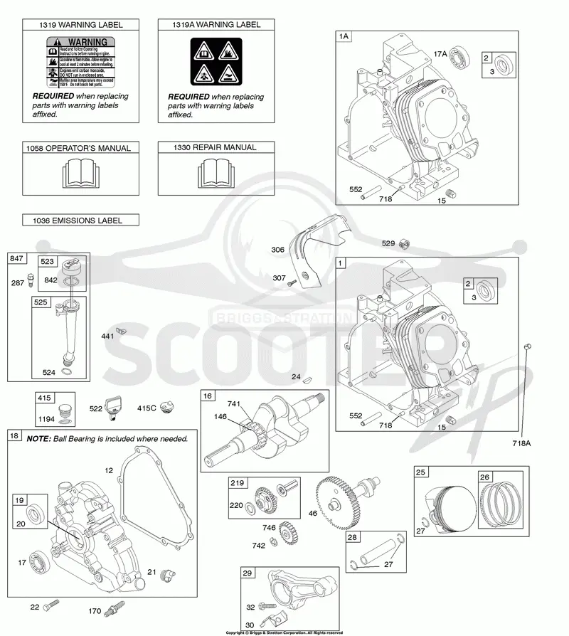 Camshaft, Crankcase Cover, Crankshaft, Cylinder, Lubrication, Operators Manual, Piston/Rings/Connecting Rod, Warning Label