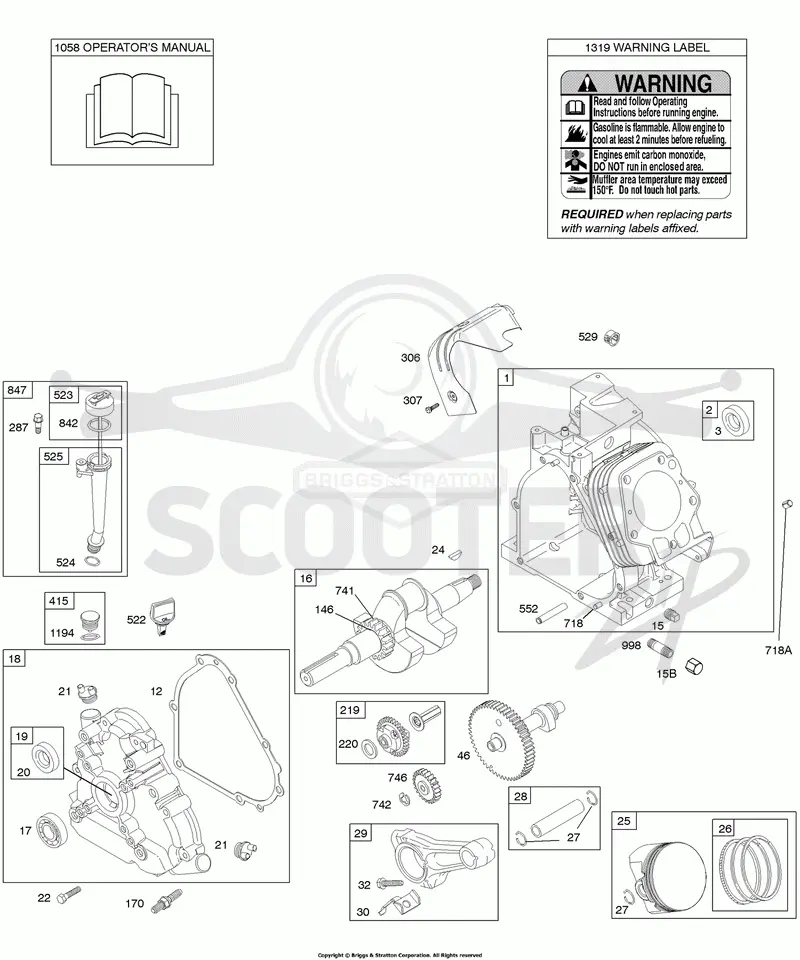 Camshaft, Crankcase Cover, Crankshaft, Cylinder, Lubrication, Operators Manual, Piston/Rings/Connecting Rod, Warning Label