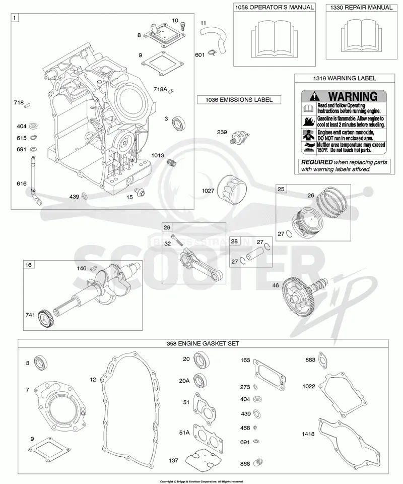 Camshaft, Crankshaft, Cylinder, Manual, Warning Label, Engine Gasket Set, Piston, Rings/Connecting Rods