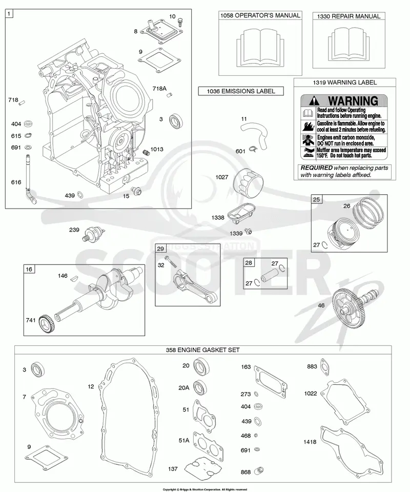 Cylinder, Crankshaft, Pistons/Rings/Connecting Rods, Engine Gasket Set, Repair Manual, Operators Manual