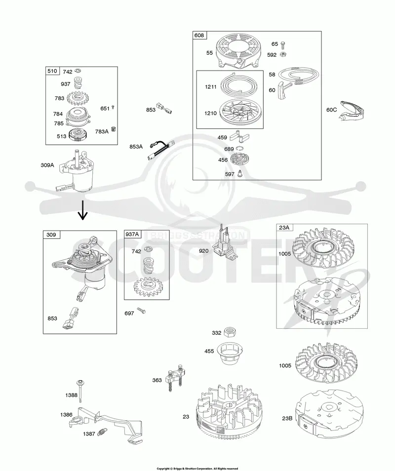 Electric Starter, Flywheel, Rewind Starter