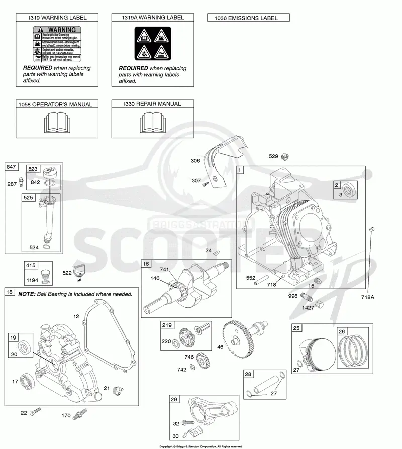 Camshaft, Crankcase Cover, Crankshaft, Cylinder, Lubrication, Operators Manual, Piston/Rings/Connecting Rod, Warning Label