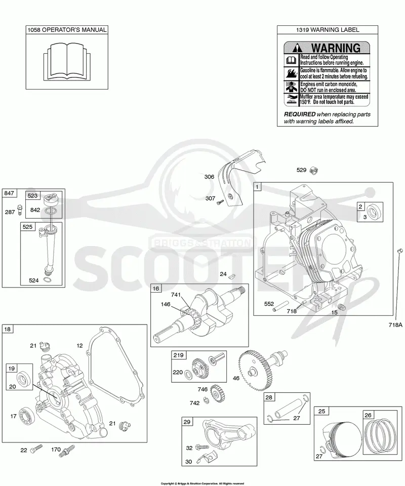 Camshaft, Crankcase Cover, Crankshaft, Cylinder, Gasket Set - Engine, Lubrication, Operators Manual, Piston/Rings/Connecting Rod, Warning Label