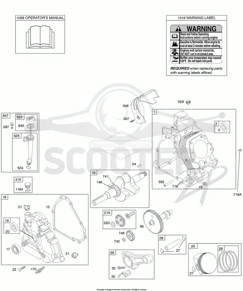 Camshaft, Crankcase Cover, Crankshaft, Cylinder, Lubrication, Operators Manual, Piston/Rings/Connecting Rod, Warning Label