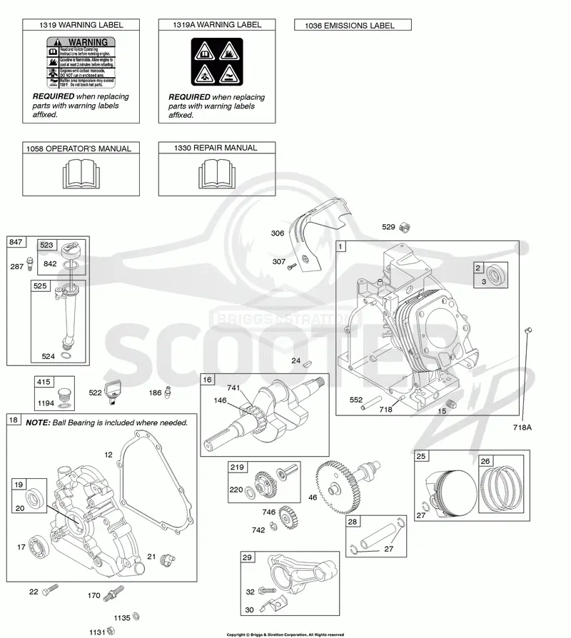 Camshaft, Crankcase Cover, Crankshaft, Cylinder, Lubrication, Operators Manual, Piston/Rings/Connecting Rod, Warning Label